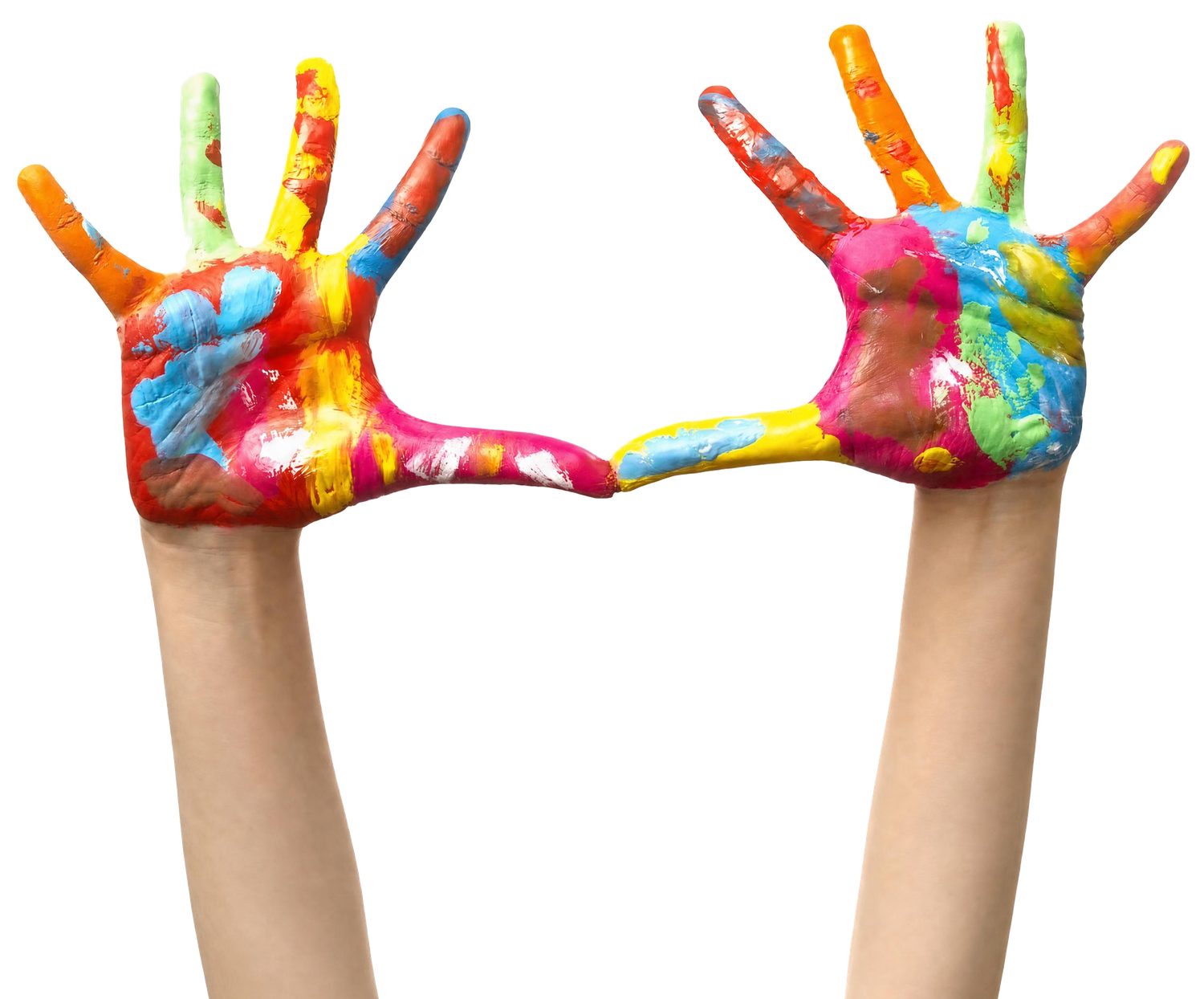 Deux mains d'enfant levées, couvertes de peinture aux doigts multicolore